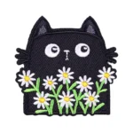 Black Cat with Daisies Embroidered Patch
