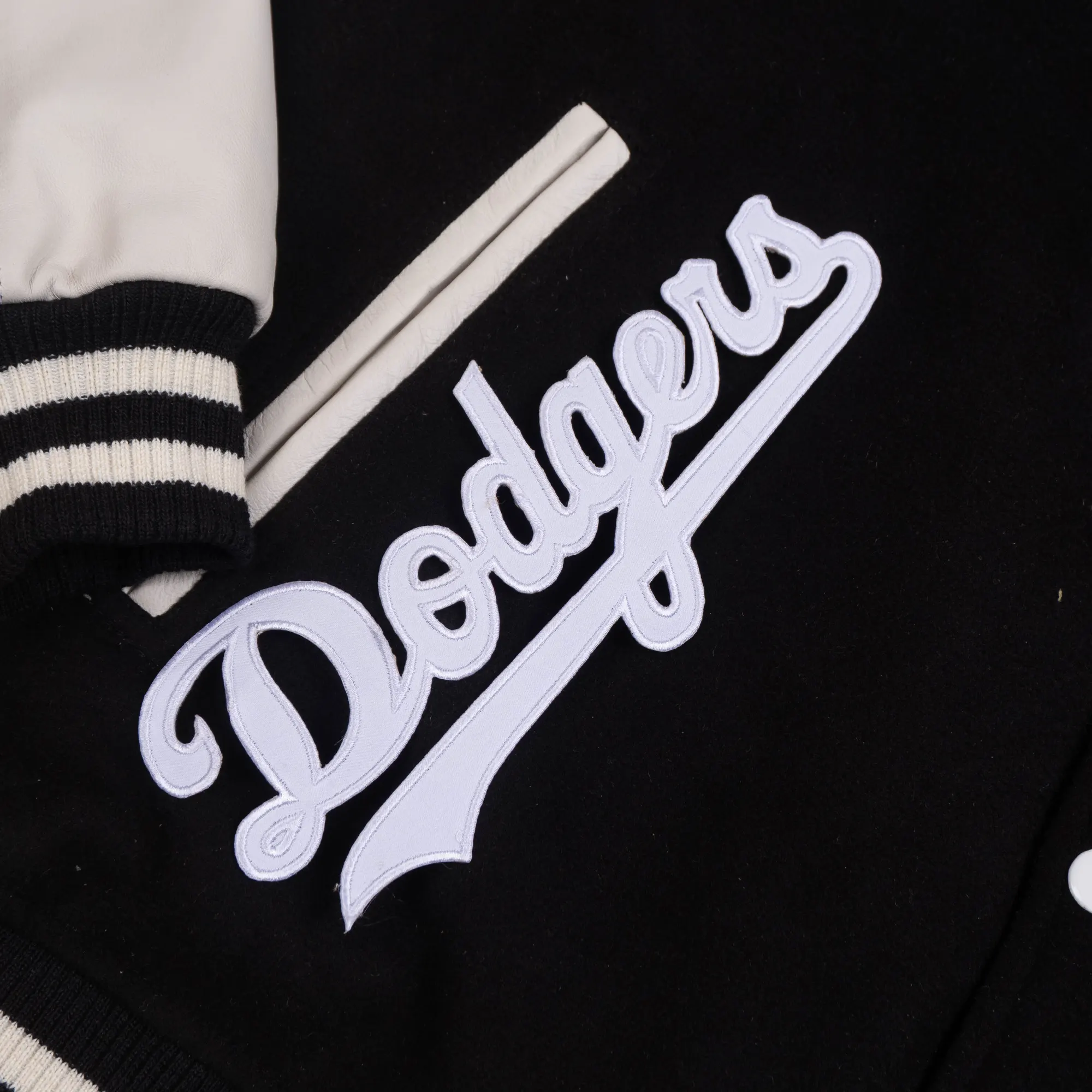 White Dodgers Script Patch on Black Jacket Patch
